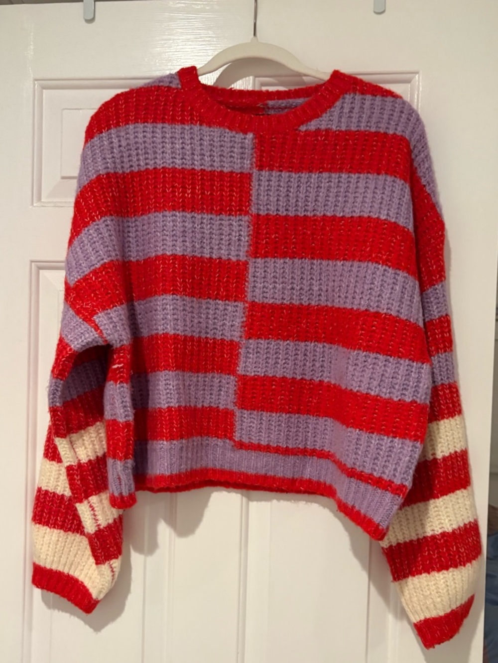 Blank NYC Striped Cropped Crew Sweater - Red, Lavender & Cream